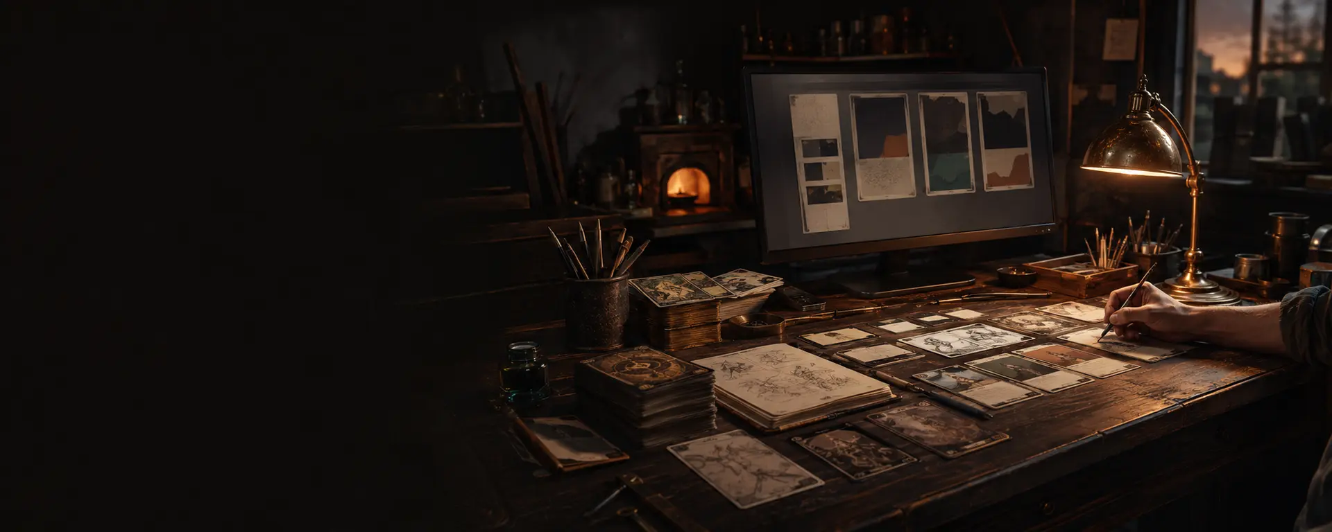 A warm CardForge workshop with illustrated card proofs, drawing tools, and a card-layout screen spread across a dark wood desk.
