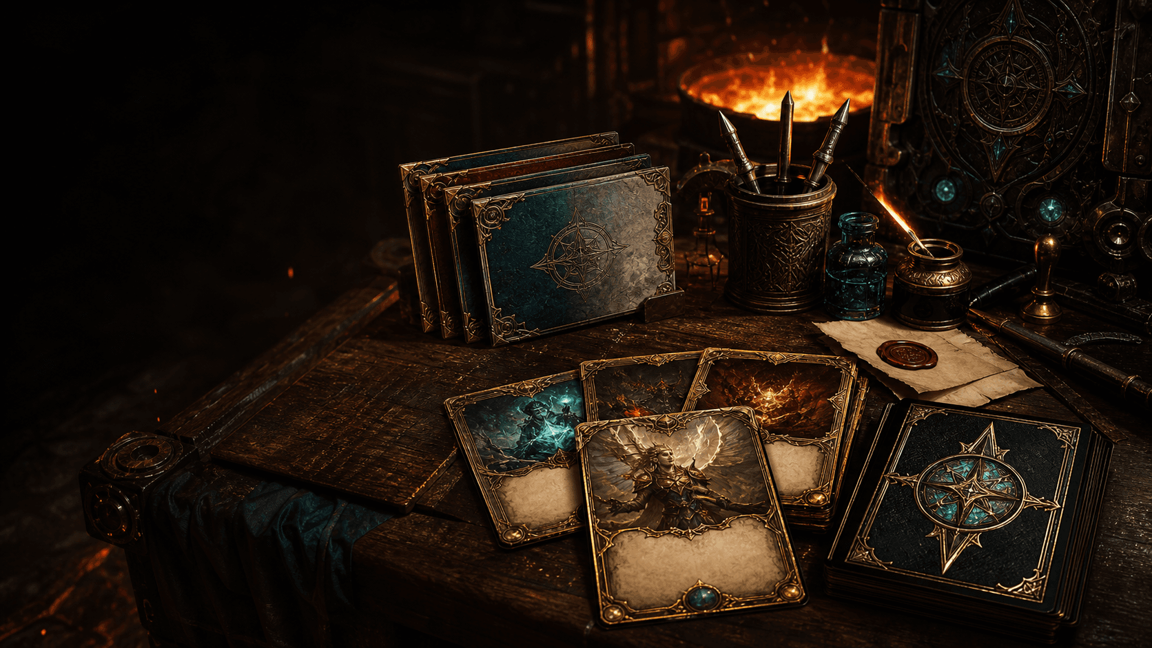 Fantasy card-forging workbench with ornate cards, gilded frames, tools, parchment, and forge light